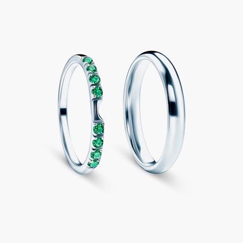 Obrączki The Journey: białe złoto, szmaragd, półokrągłe, 2 mm i 3 mm